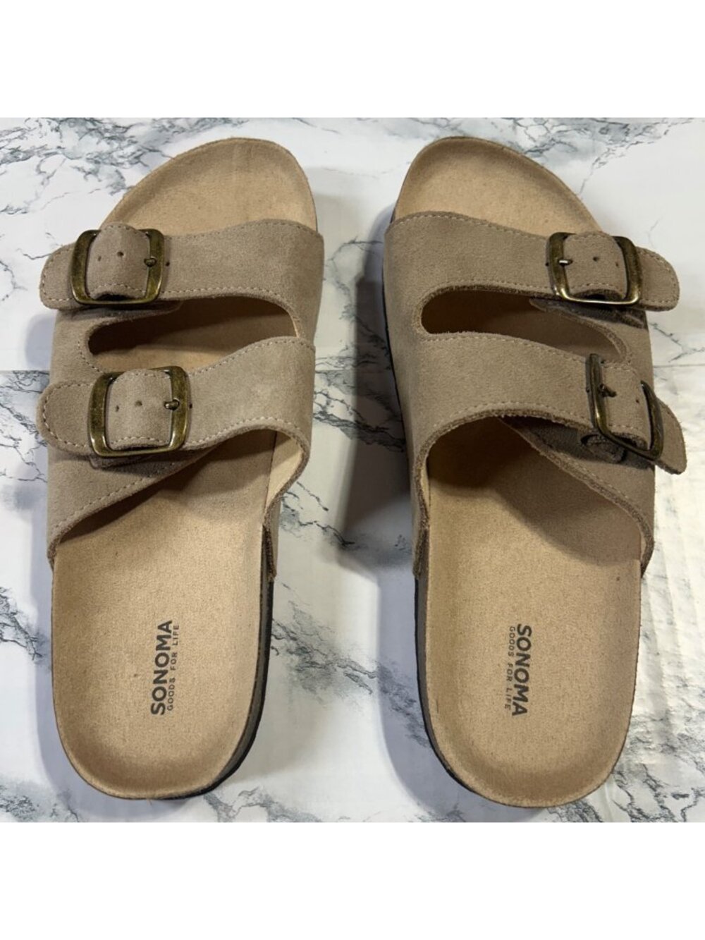 Sonoma Womens Size 9 Taupe Suede Double-Buckle Slide Sandals - Picture 3 of 9
